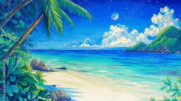 Obraz 月光が波間に揺れる幻想的な夜の海　自然と癒しの背景イラスト素材
海　月　夜景　幻想的　自然　静寂　ロマンチック　波　イラスト　癒し　風景画　満月　星空　背景素材