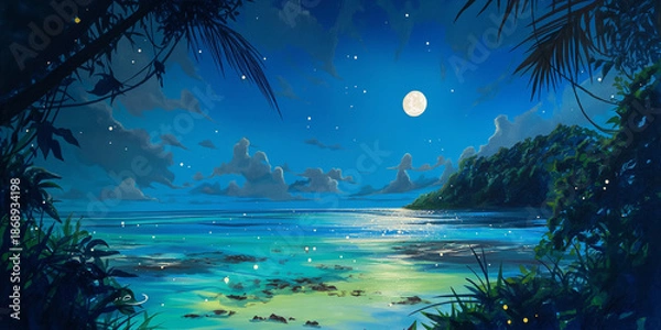 Obraz 海と満月が織りなす幻想夜景　静かな波音が聴こえるような癒しの風景
月　海　夜　満月　波　幻想　神秘　イラスト　自然　背景素材　ロマンチック　ヒーリング　夜景　星空