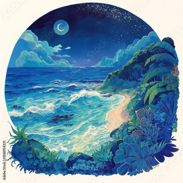 Obraz 満月と広がる夜の海　波間に光る幻想的な夜景イラスト素材
海　月　満月　波　夜　幻想的　自然　静けさ　ロマンチック　イラスト　風景　背景　ヒーリング　動画用