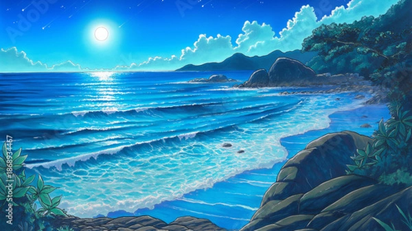 Obraz ロマンチックな満月の海と波の煌めき　癒しの幻想夜景イラスト素材集
海　月　夜　波　満月　幻想的　自然　ヒーリング　神秘的　背景　イラスト　夜空　静寂　動画映像向け