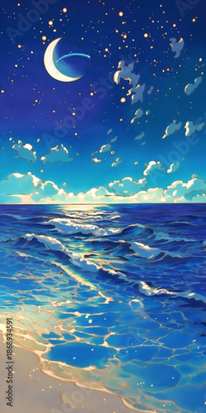 Obraz 幻想的な夜の海と満月の光　静寂と神秘に包まれた海辺のイラスト背景
月　海　夜　星　波　風景　神秘　自然　イラスト素材　満月　動画向け　癒し　ロマンチック　星空　夜景