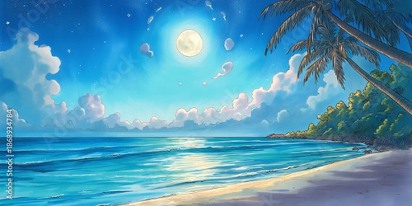 Obraz 幻想的な月夜の海と波の輝き　夜空に浮かぶ満月と幻想風景イラスト素材
海　月　夜景　幻想　波　風景　満月　自然　癒し　イラスト　背景　神秘的　静寂　ロマンチッ