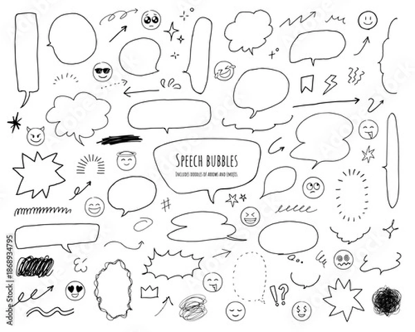 Obraz 手書き風の吹き出しと絵文字・矢印などの落書き装飾セット　モノクロ線画