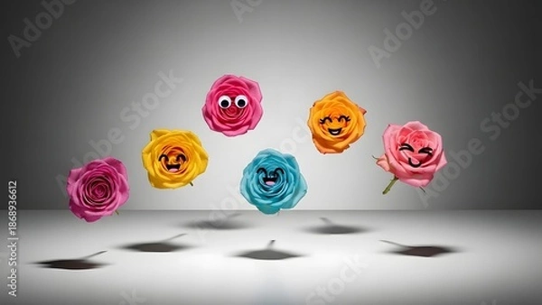 Obraz Valentine's Day: Cute Floating Roses With Funny Faces 3D Render