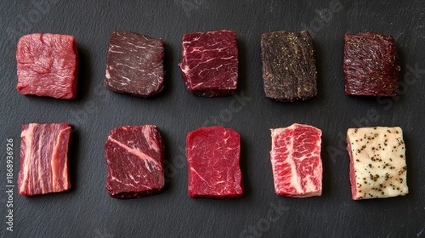 Obraz Raw meat cuts, various types, on dark slate background
