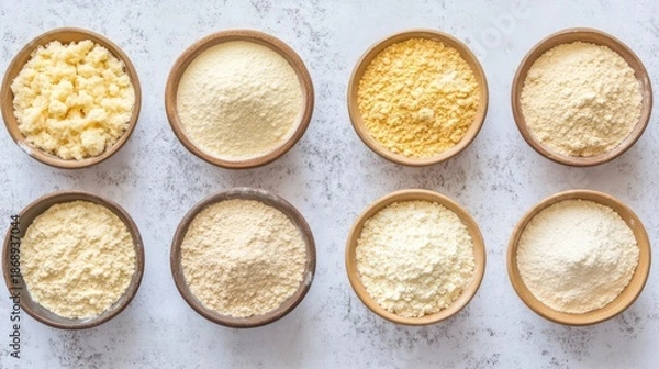 Obraz Assorted flours in small bowls, flat lay