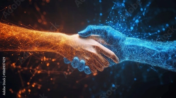 Obraz Two hands, one human, one digital, shake