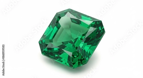 Obraz 澄み切った鮮やかな緑色を放つエメラルドカットの宝石が純白の背景で強く輝きその精緻な多面体が光を美しく反射し豪華な魅力を際立たせる. AI Generated
