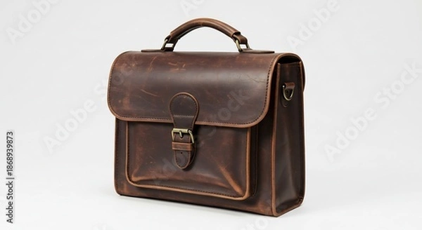 Obraz 使い込んだ風合いの本革サッチェルが白い空間に佇む品格あるデザインと柔らかな光がその魅力を引き立てる. AI Generated