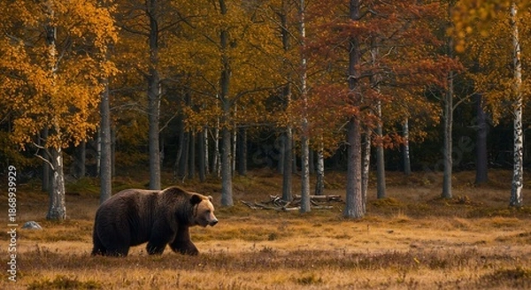 Obraz 黄金色の木々が輝く秋の森を静かに歩くヒグマ 暖かな光が優しく包み込む. AI Generated