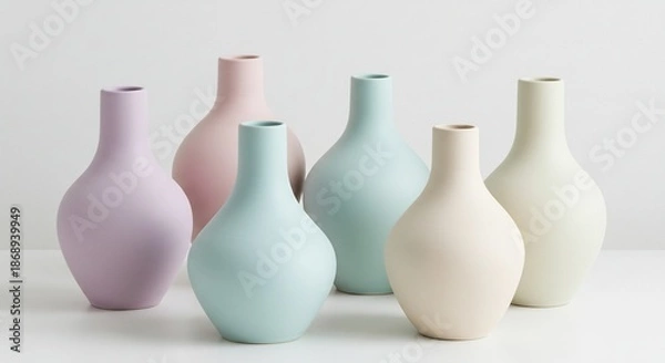 Obraz 柔らかなパステルカラーのミニマルな花瓶が白い背景に美しく並び洗練された落ち着いた雰囲気を醸し出す. AI Generated