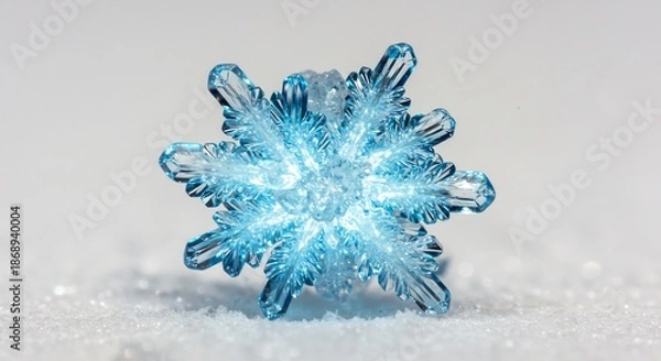 Obraz 降り積もる静寂な白い雪の上に凛と立つ青く輝く氷の結晶 まるで宝石のように内部から放たれる鮮やかな光が透明な層の複雑な模様を神秘的に照らし出し澄み切った冷たい冬の空気感を伝える幻想的な美しさ. AI Generated