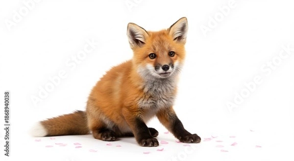 Obraz 明るいスタジオライトに照らされた赤毛の可愛いキツネの子ぎつね。純白の背景が愛らしさを際立たせ、まっすぐ見つめる瞳が魅力的。. AI Generated