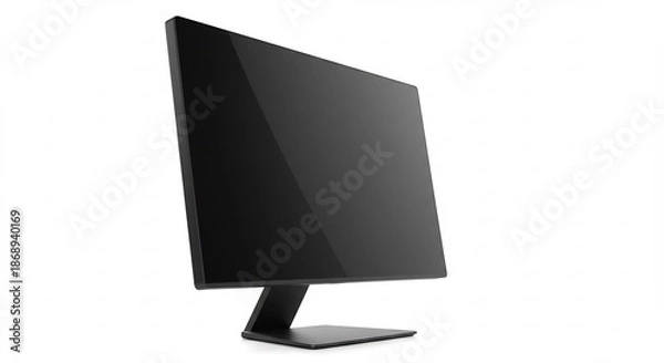 Obraz 純白の背景に佇む洗練されたモダンな黒いコンピュータモニター ミニマルデザインとクリーンなフォルムが柔らかなスタジオ光で美しく強調され デジタルワークに最適な現代的な雰囲気を醸し出す. AI Generated