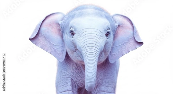 Obraz 真っ白な背景に浮かび上がる愛らしい青白い子象優しい光に包まれ純粋な瞳でまっすぐ見つめる夢のような動物ポートレート. AI Generated