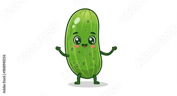 Obraz 白い背景で元気いっぱいに両手を広げる可愛い緑色のきゅうりキャラクターイラスト明るく親しみやすいポップなベクターアートデザイン. AI Generated