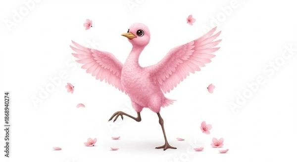Obraz ふんわりピンクのひなが優雅に羽を広げ舞い踊る幻想的な春の光景散りゆく花びらが彩る癒やしのアートワーク. AI Generated