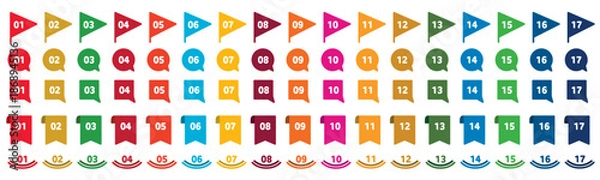 Fototapeta SDGsカラーのナンバーアイコンセット。フラッグ、吹き出しなど。白背景にベクターイラスト。