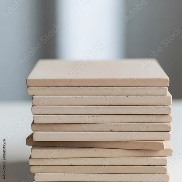 Obraz Stack of beige ceramic tiles casting shadows against a neutral backdrop