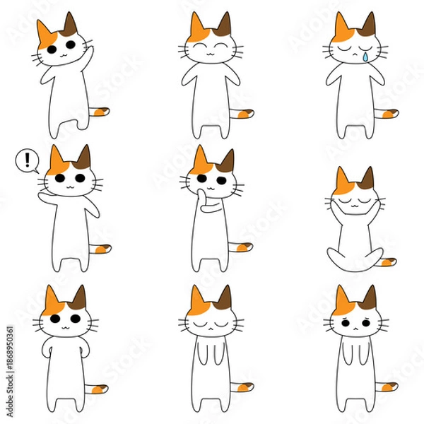 Fototapeta 三毛猫のキャラクター喜怒哀楽の表情とポーズのバリエーション9種類セット