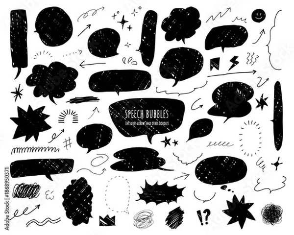 Obraz 手書き風の吹き出しと矢印の落書き装飾セット　モノクロ線画