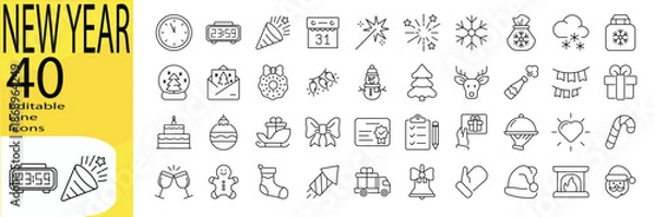 Obraz New Year icon set. Editable stroke.	