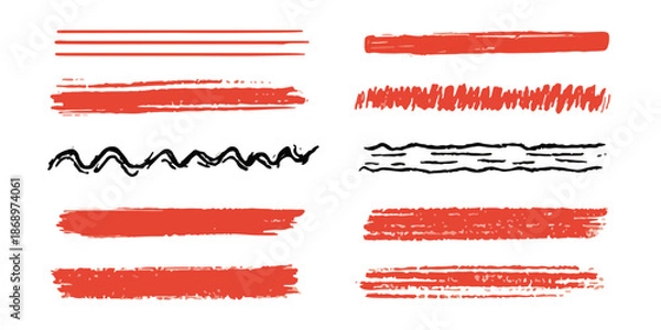 Obraz 様々な手描きの赤と黒の線、波線、ブラシストローク、下線、落書きが透明な背景に描かれたデザイン素材のセット。