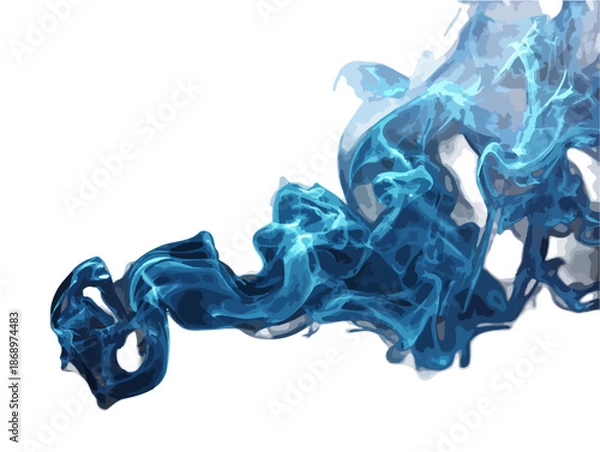 Obraz 白い背景に、青と水色の透明な煙がダイナミックに流れる抽象的なイメージ。エネルギー、動き、神秘的な雰囲気を表現し、背景やテクスチャとして活用できるグラフィック素材。