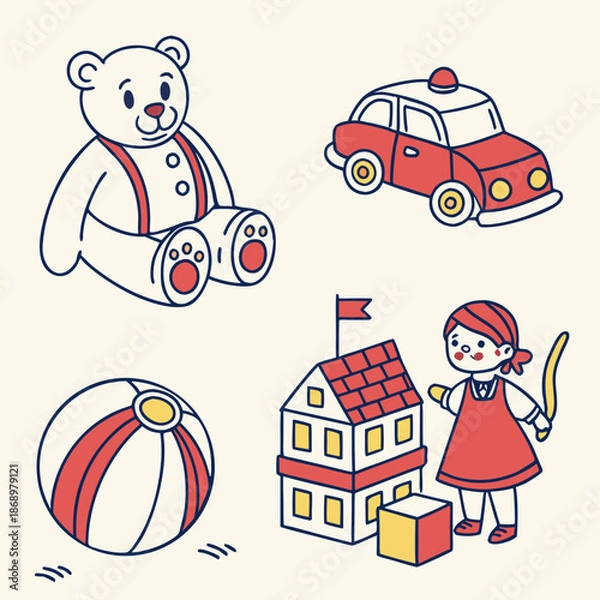 Obraz Children's Toys and Playtime Objects Flat Vector Icon Set