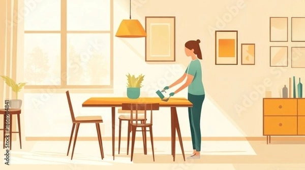 Obraz Woman at dining table arranging objects in interior illustration