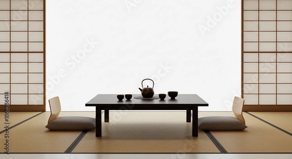 Obraz 障子から差し込む柔らかな光が和室の茶器を静かに照らし美しさと静寂が漂う日本の伝統的な空間. AI Generated