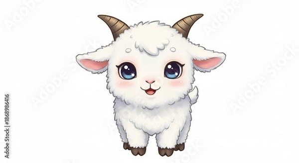 Obraz かわいい白い子ヤギのイラスト大きな瞳がキラキラ輝くアニメ調のふんわりした動物キャラクター. AI Generated