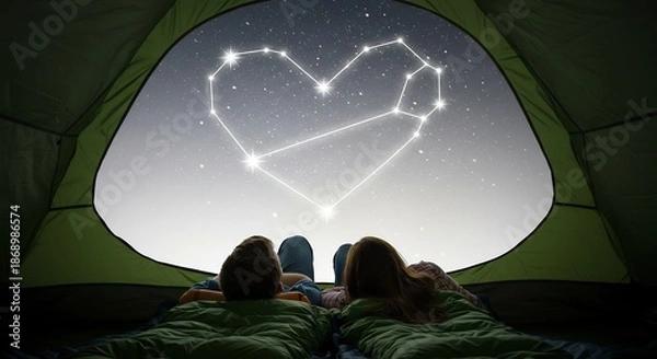 Obraz きらめく星降る夜空に浮かび上がるハートの星座をテントの中で寄り添い見上げる二人ロマンチックな夜のキャンプで穏やかな愛を育む心温まる瞬間. AI Generated
