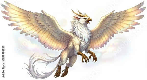 Obraz 光り輝く黄金の翼を広げ飛び立つ幻想のグリフィン神々しい輝きが周囲を満たし神秘的な美しさを放つ. AI Generated