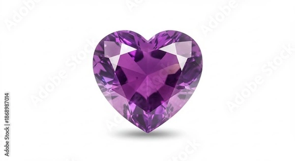 Obraz 純白の背景で眩い輝きを放つ優美なハート型アメジスト宝石 透明感あふれる深紫色の石は丁寧に研磨され光を多面的に反射 繊細なカット面が鮮烈な光沢を織りなし愛と癒しをもたらすと言われる高貴な宝石の輝き. AI Generated