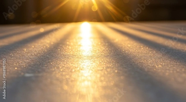 Obraz 朝日に輝く雪面を低く差し込む黄金色の光線がまばゆく照らし直線的に伸びる美しい影の模様を鮮やかに描く冬景色. AI Generated