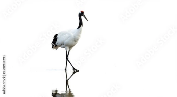 Obraz 息をのむほど真っ白な世界を静かに滑るように優雅に歩む一羽のタンチョウ鶴澄み切った水面に鮮明に映るその孤高な姿が洗練された美しさを際立たせる印象的なハイキー写真. AI Generated