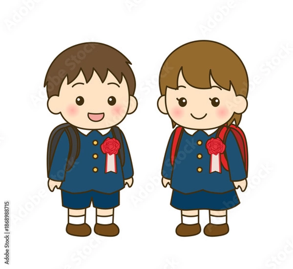 Obraz 入学式を迎えたランドセル姿の小学一年生の男女のイラスト
