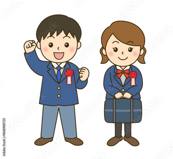 Obraz 入学式の制服を着た新学期・新生活に期待を膨らませる中高生の男女のイラスト