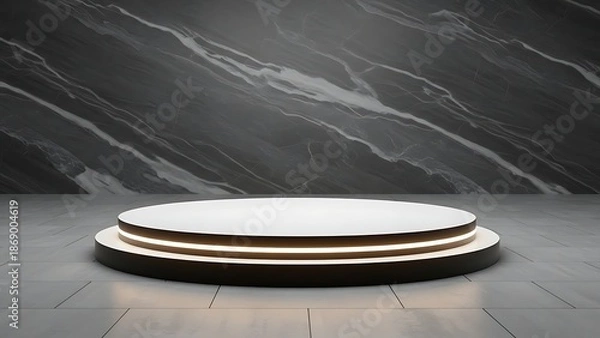 Obraz White circular podium with backlight on gray marble background circle