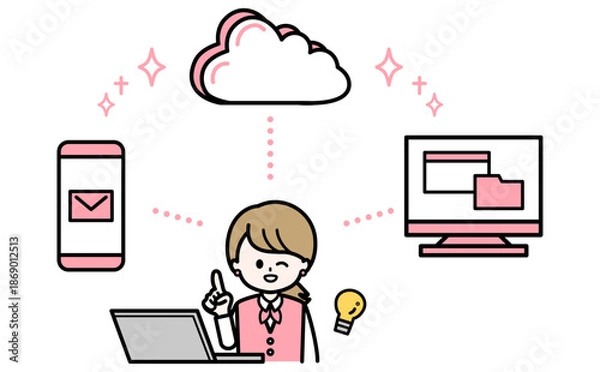 Fototapeta クラウド導入で業務改善する女性スタッフのDX化のイメージイラスト