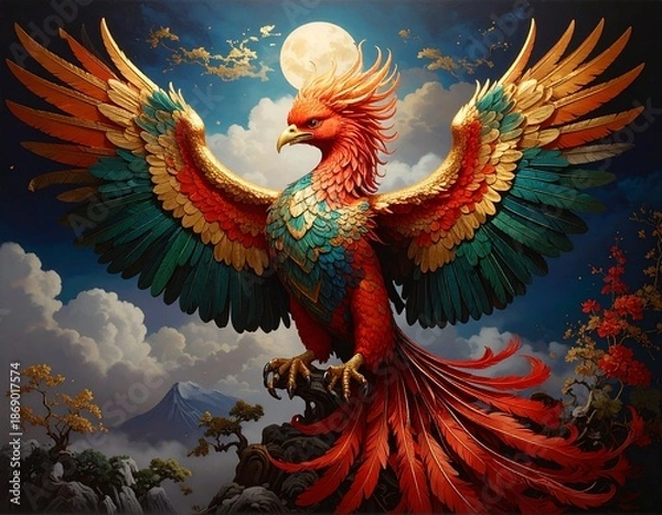 Obraz 不死鳥　空を舞うフェニックス　イラスト