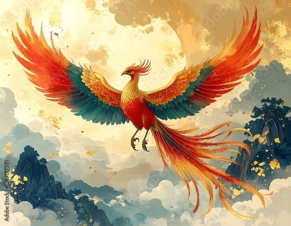 Obraz 不死鳥　空を舞うフェニックス　イラスト