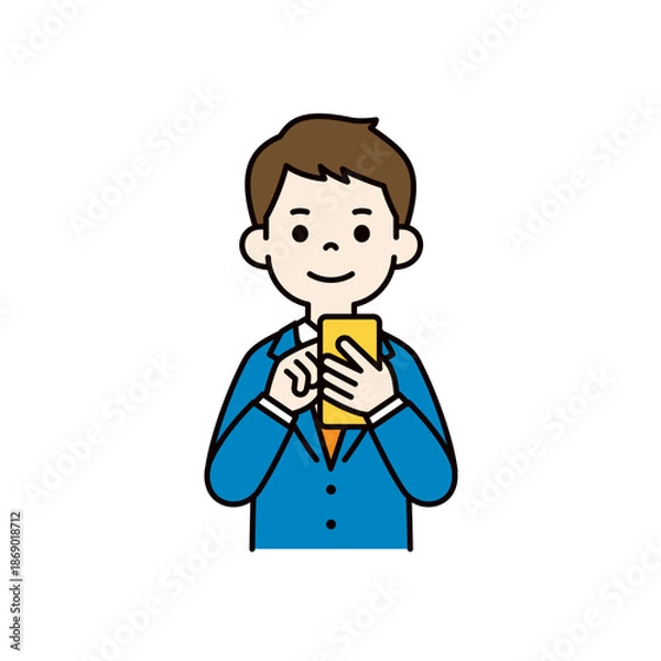 Obraz スマートフォンを操作・検索する、若いビジネスマンの上半身ベクターイラスト素材＿カラー