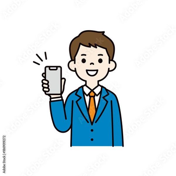 Obraz スマートフォンの画面を見せる、若いビジネスマンの上半身ベクターイラスト素材＿カラー