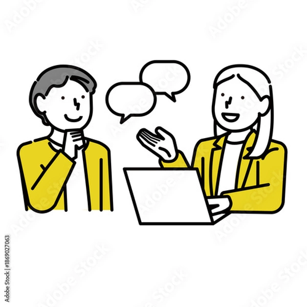 Fototapeta スーツ姿の男女がPCを見ながら会話する上半身イラスト:打ち合わせ:説明