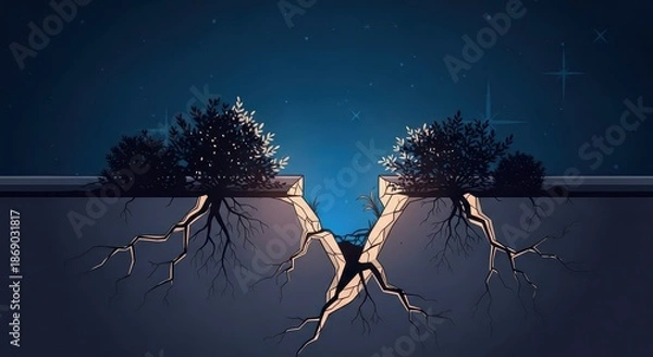 Obraz Ground cleavage reveals deep root systems beneath a dark nighttime surface