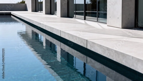 Fototapeta 幾何学的なラインが際立つミニマルプールサイド建築写真