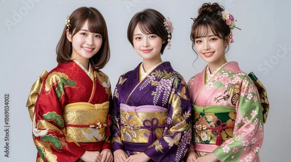 Obraz 成人式の振袖を着た3人の女性たち
