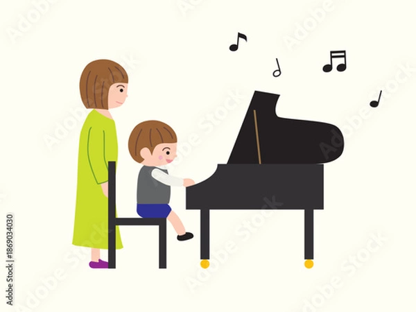 Obraz ピアノを弾く男の子と音符